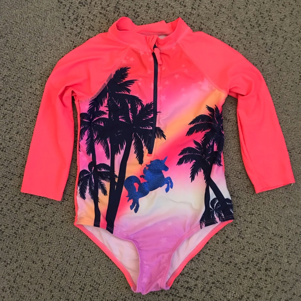 Kids' Coral Pink Unicorn Palm Long-Sleeve Swimsuit limited too